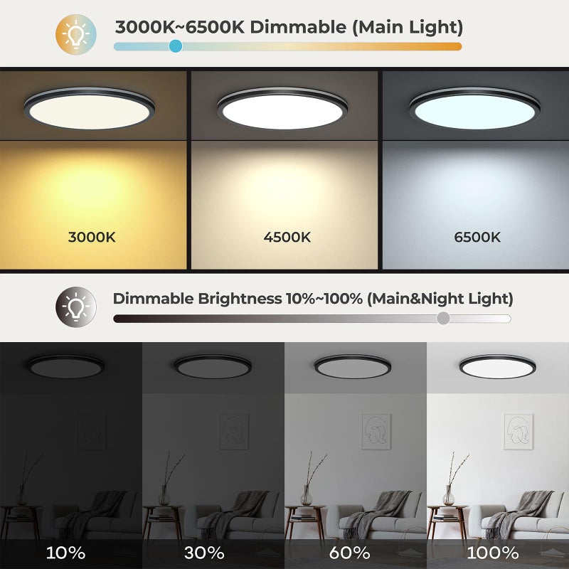 Matane 12in LED Flush Mount Ceiling Light Fixture with Remote Control, Nightlight 2000K Warm, 3000K-6500K Adjustable, Low Profile Ceiling Lights for Bedroom, Kitchen, Living Room, Black - Image 3