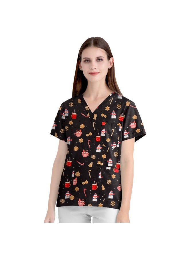 NIBEMINENT Elastic Teeth Dental Christmas Cartoon Pattern Short Sleeved Women's V-Neck Printed Top Nurse Uniform - Image 1