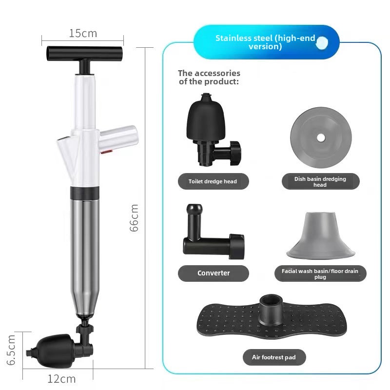 Generic Stainless Steel Toilet Plunger High-Pressure Drain Unblocker White English packaging 