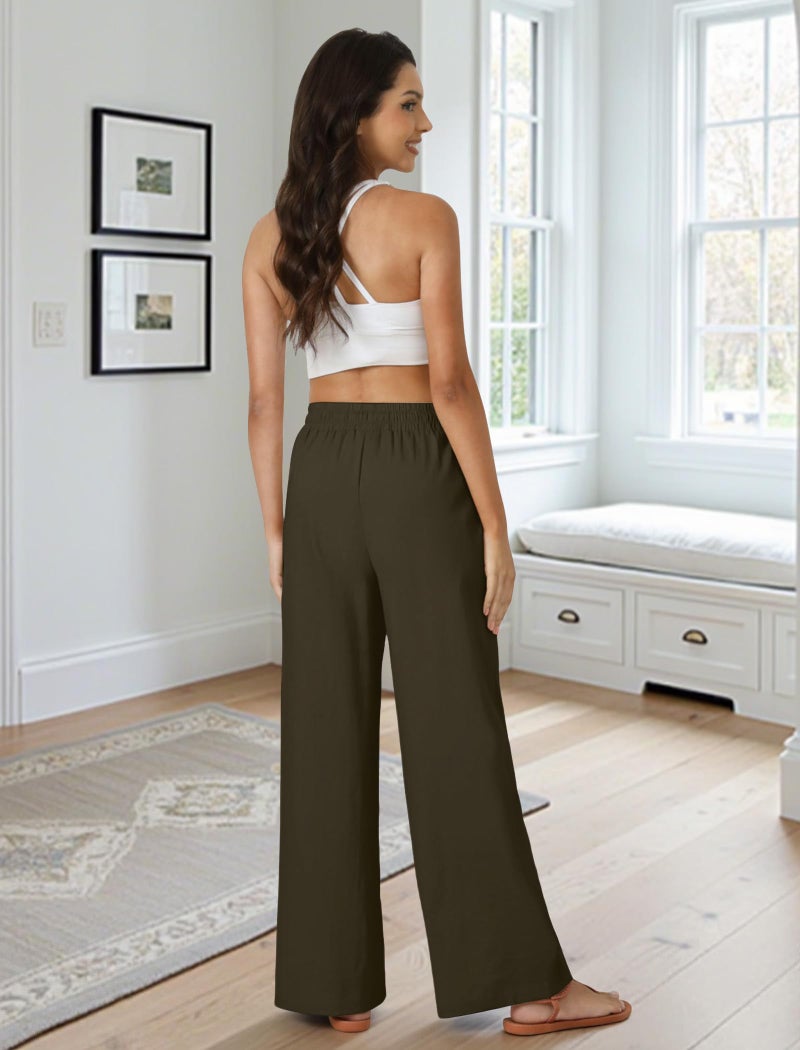 FireSwan Womens Palazzo Pants Casual Drawstring Flowy Pants Wide Leg Summer Beach Linen Trousers with Pockets Brown - Image 4