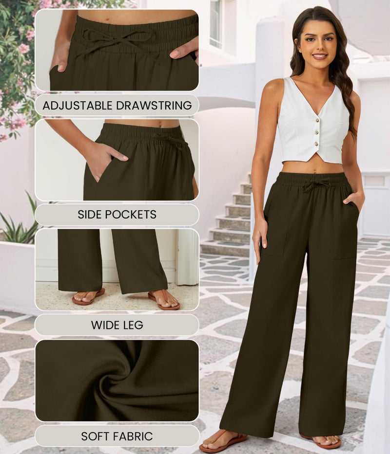 FireSwan Womens Palazzo Pants Casual Drawstring Flowy Pants Wide Leg Summer Beach Linen Trousers with Pockets Brown - Image 5