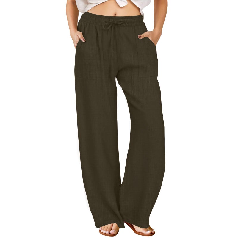 FireSwan Womens Palazzo Pants Casual Drawstring Flowy Pants Wide Leg Summer Beach Linen Trousers with Pockets Brown - Image 1