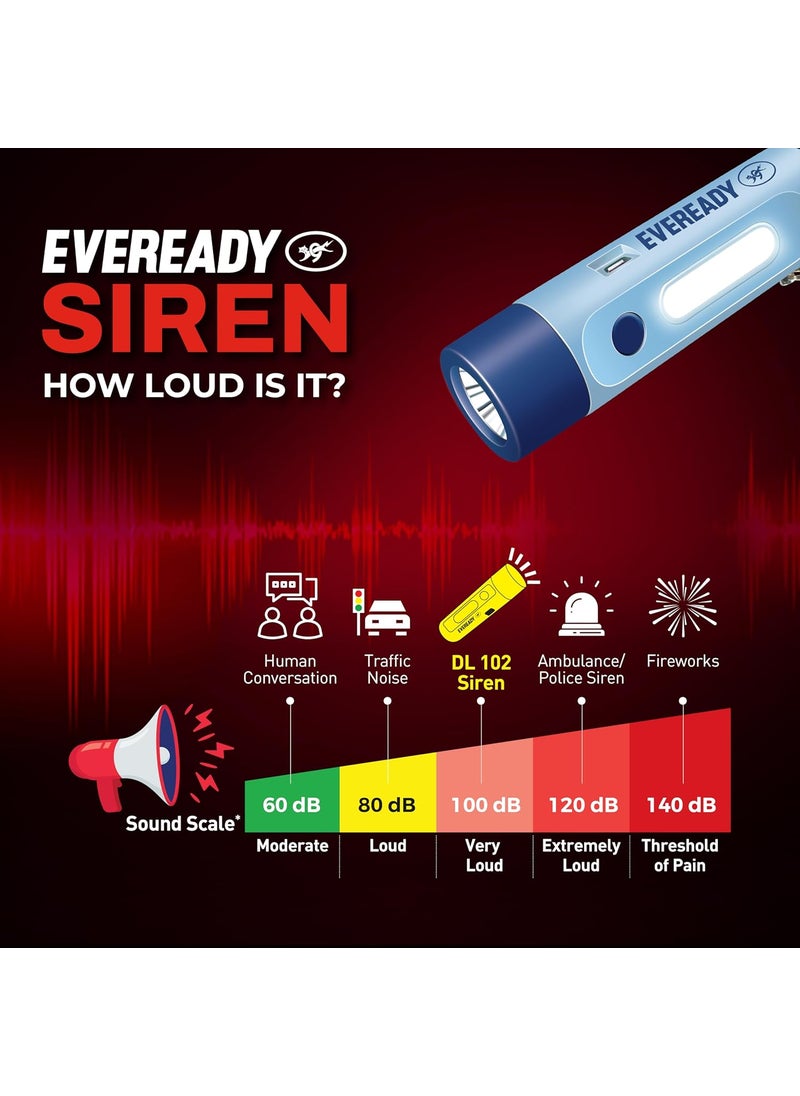 Eveready Eveready Siren DL102 Rechargeable Torch with 100 Decibels dBA Personal Safety Alarm for Women Kids Elderly 1W Torch 1W Sidelight Flasher Keychain USB Type B Fast Charging  - Image 5