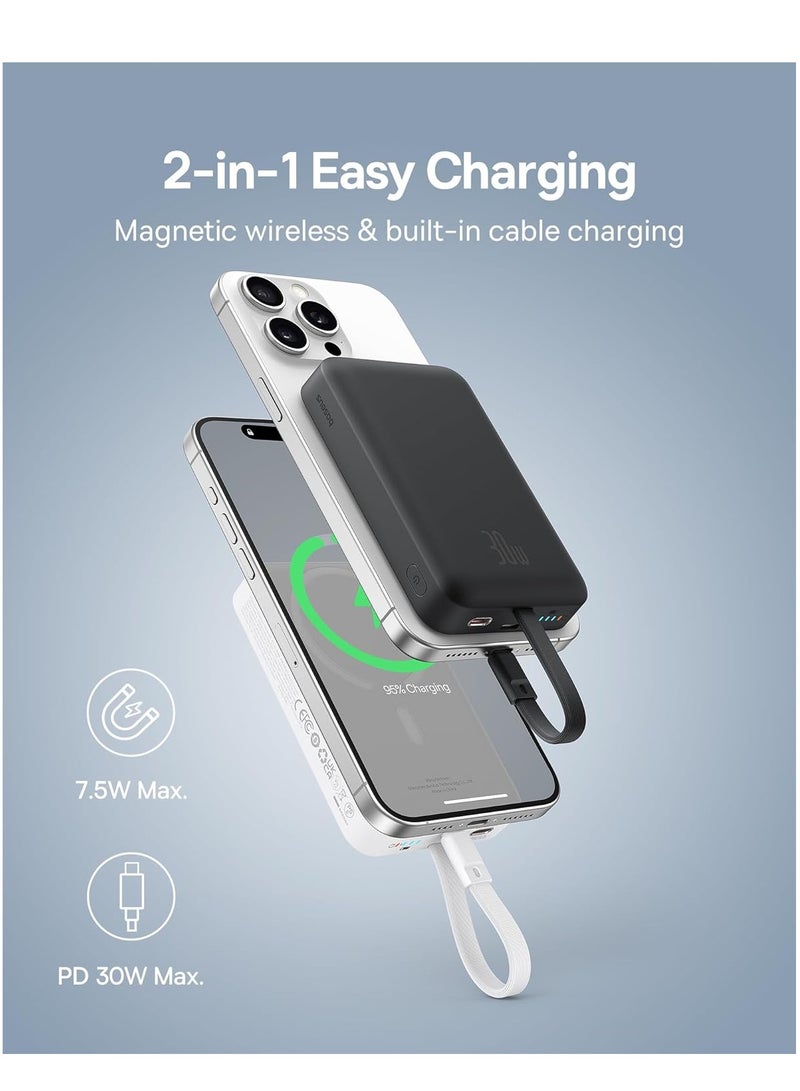 بيسوس بنك طاقة مغناطيسي، شاحن محمول PD 30 وات، حزمة بطارية 10 كيلو مع كابل USB-C مدمج (داخل وخارج) لهاتف iPhone 15/15 Plus/15 Pro/15 Pro Max/14/13/12، لهاتف Magsafe وGalaxy، ماك بوك آي باد الخ - Image 2
