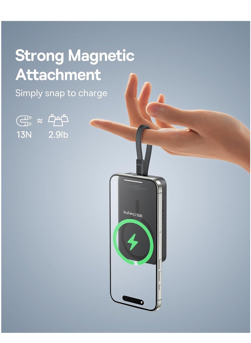 بيسوس بنك طاقة مغناطيسي، شاحن محمول PD 30 وات، حزمة بطارية 10 كيلو مع كابل USB-C مدمج (داخل وخارج) لهاتف iPhone 15/15 Plus/15 Pro/15 Pro Max/14/13/12، لهاتف Magsafe وGalaxy، ماك بوك آي باد الخ - Image 4