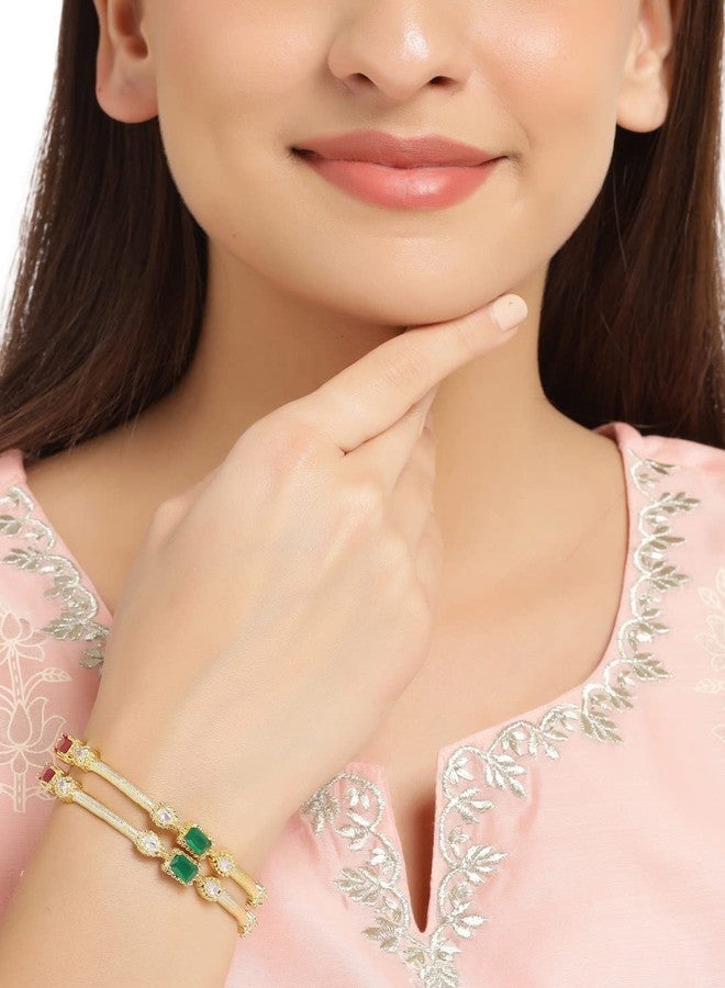 طقم أساور شوشا النسائية المصنوعة يدويًا من النحاس المطلي بالذهب، مرصعة بأحجار حمراء وخضراء، مكون من قطعتين. - Image 5
