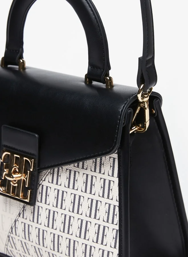 ELLE Women's Colourblock Monogram Print Satchel Bag with Top Handle and Twist Clasp