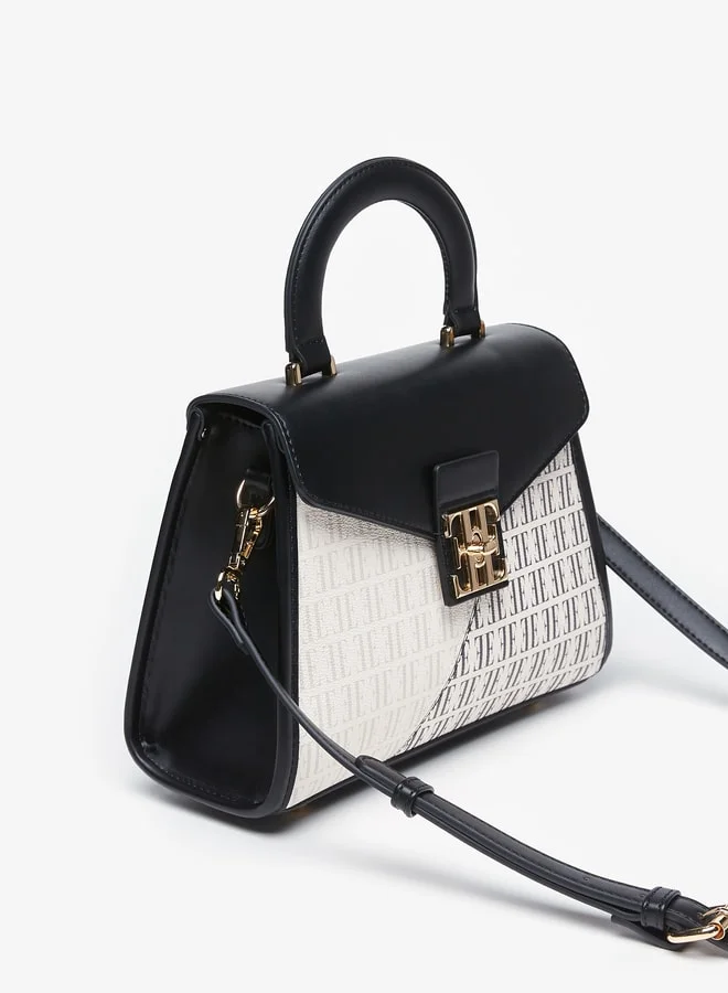 ELLE Women's Colourblock Monogram Print Satchel Bag with Top Handle and Twist Clasp