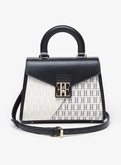 ELLE Women's Colourblock Monogram Print Satchel Bag with Top Handle and Twist Clasp