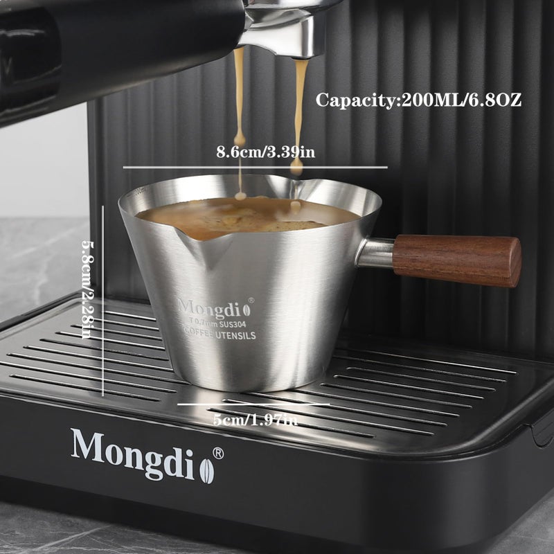 Mongdio Espresso Measuring Cup, Stainless Steel Espresso Shot Cups with Wooden Handle and Double Spouts, 6.8OZ/200ML, Silver - Image 4