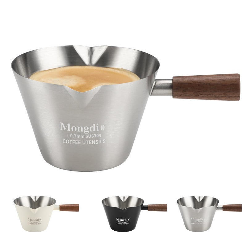 Mongdio Espresso Measuring Cup, Stainless Steel Espresso Shot Cups with Wooden Handle and Double Spouts, 6.8OZ/200ML, Silver - Image 1