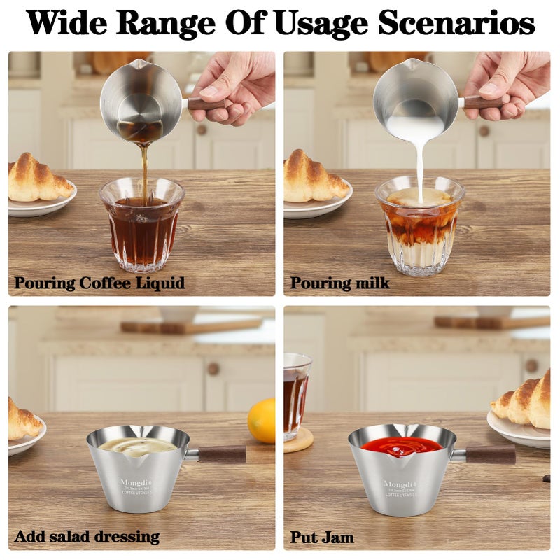 Mongdio Espresso Measuring Cup, Stainless Steel Espresso Shot Cups with Wooden Handle and Double Spouts, 6.8OZ/200ML, Silver - Image 2