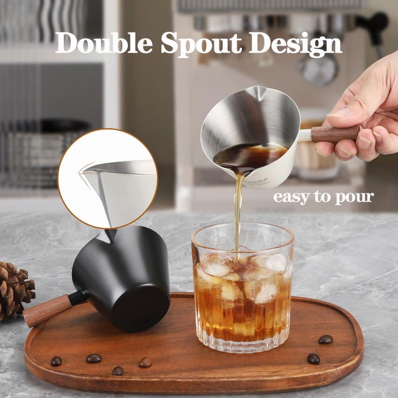 Mongdio Espresso Measuring Cup, Stainless Steel Espresso Shot Cups with Wooden Handle and Double Spouts, 6.8OZ/200ML, Silver - Image 5