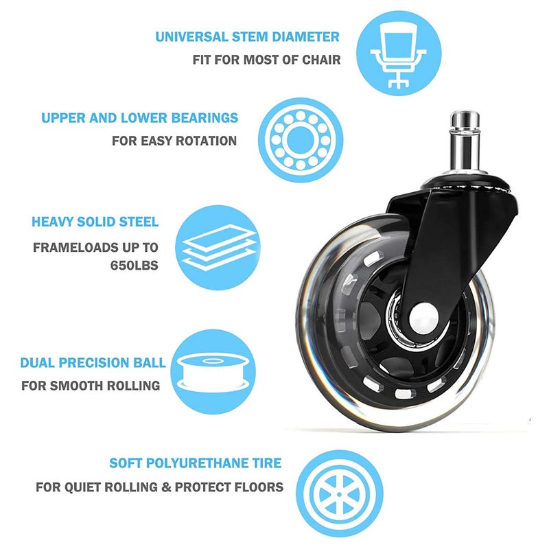 BEYEE Office Chair Wheels - Replacement Rubber Wheels - Universal Fit 3 Inch Casters, Heavy-Duty Computer Gaming Chair Casters, Smooth & Safe Rolling Noise Free, for All Floor (10 Pack Black & Clear) - Image 2