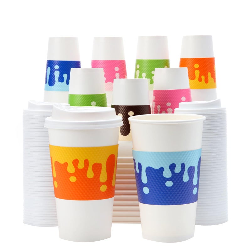 Tamone 100 PACK 16OZ Disposable Easter Coffee Cups with Lids and Sleeves  5 Color To Go Coffee Cups with Lids Leak Proof  White Paper Cups for Cold/Hot Beverage Chocolate Cocoa for Home Office - Image 1