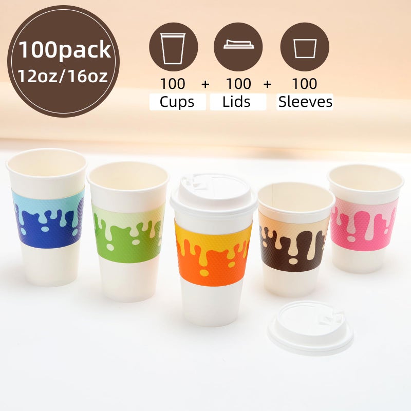 Tamone 100 PACK 16OZ Disposable Easter Coffee Cups with Lids and Sleeves  5 Color To Go Coffee Cups with Lids Leak Proof  White Paper Cups for Cold/Hot Beverage Chocolate Cocoa for Home Office - Image 3