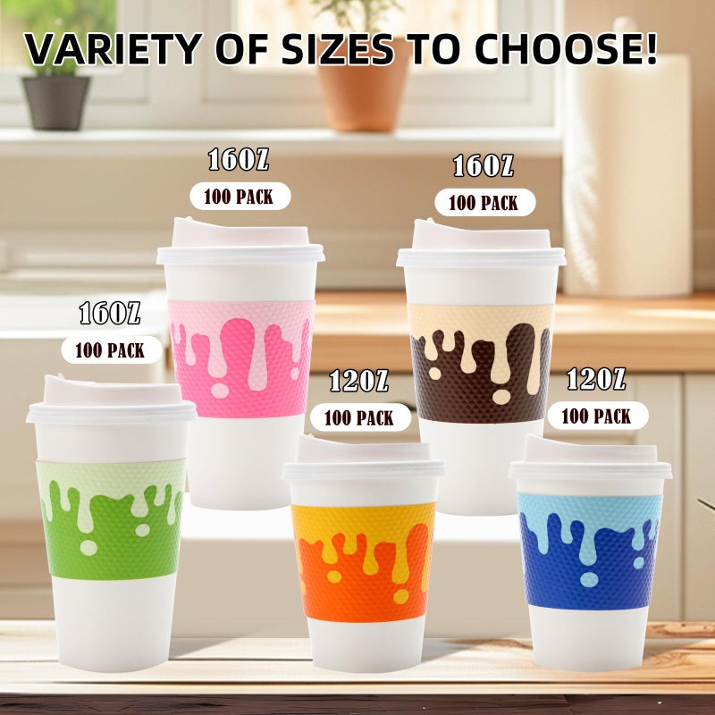 Tamone 100 PACK 16OZ Disposable Easter Coffee Cups with Lids and Sleeves  5 Color To Go Coffee Cups with Lids Leak Proof  White Paper Cups for Cold/Hot Beverage Chocolate Cocoa for Home Office - Image 4