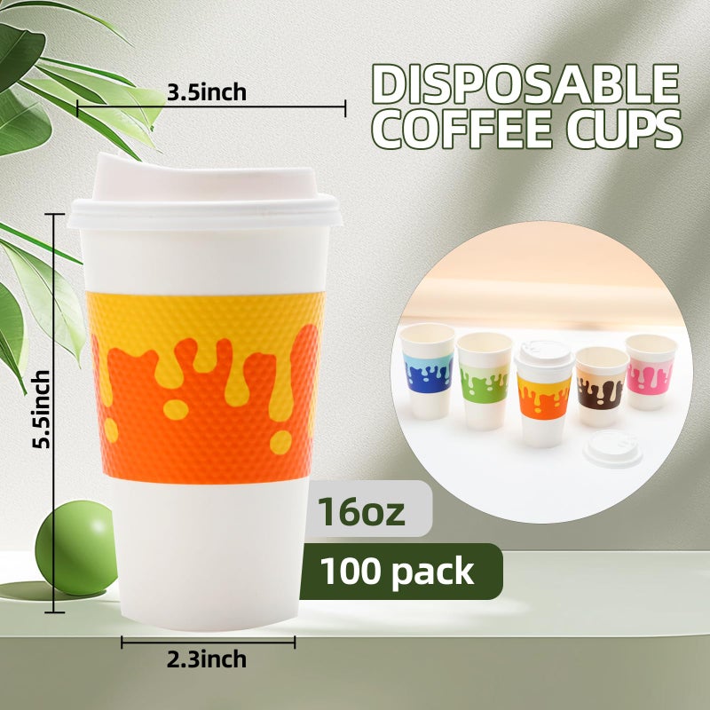 Tamone 100 PACK 16OZ Disposable Easter Coffee Cups with Lids and Sleeves  5 Color To Go Coffee Cups with Lids Leak Proof  White Paper Cups for Cold/Hot Beverage Chocolate Cocoa for Home Office - Image 2