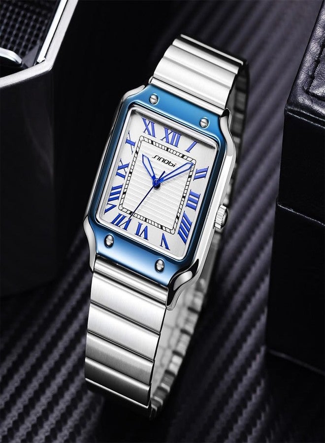 SINOBI Classic Square Watches for Men with Roman Numerals Casual Watch (Silver-Blue) - Image 3