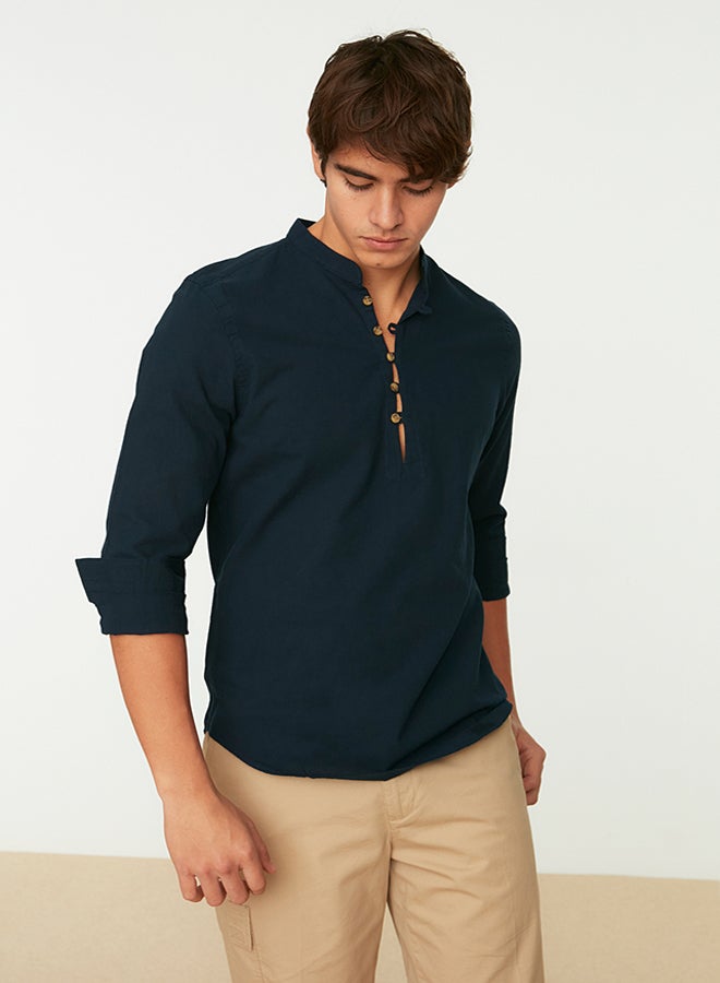 trendyol Navy Blue Slim Fit Half Placket Button-Down Collar New 100% Cotton Shirt TMNSS20GO0097 - Image 2