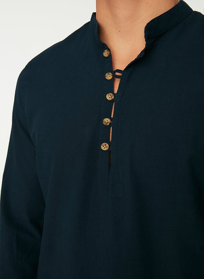 trendyol Navy Blue Slim Fit Half Placket Button-Down Collar New 100% Cotton Shirt TMNSS20GO0097 - Image 5