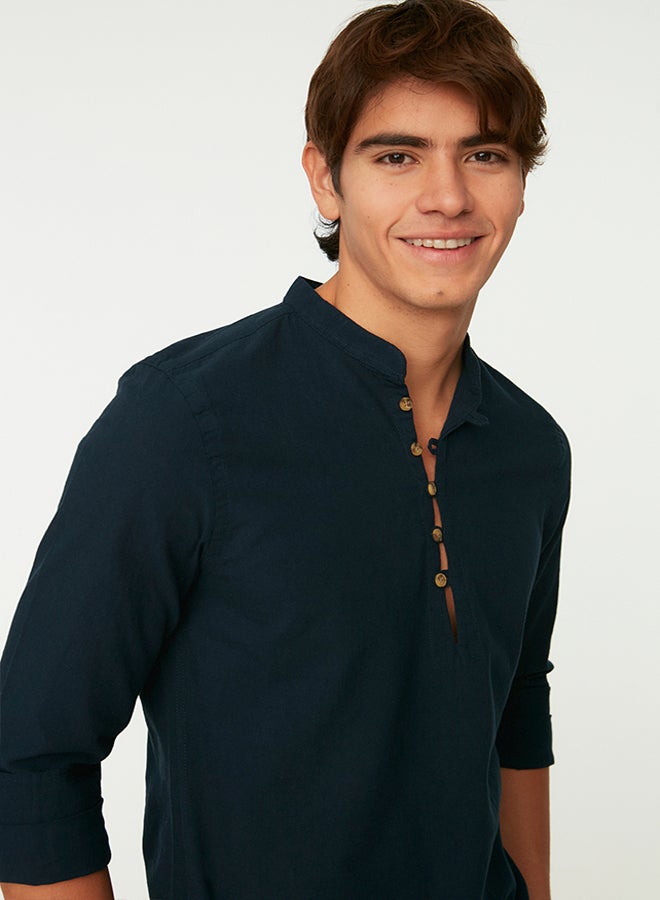 trendyol Navy Blue Slim Fit Half Placket Button-Down Collar New 100% Cotton Shirt TMNSS20GO0097 - Image 3