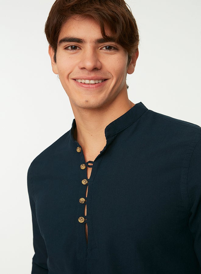 trendyol Navy Blue Slim Fit Half Placket Button-Down Collar New 100% Cotton Shirt TMNSS20GO0097 - Image 4