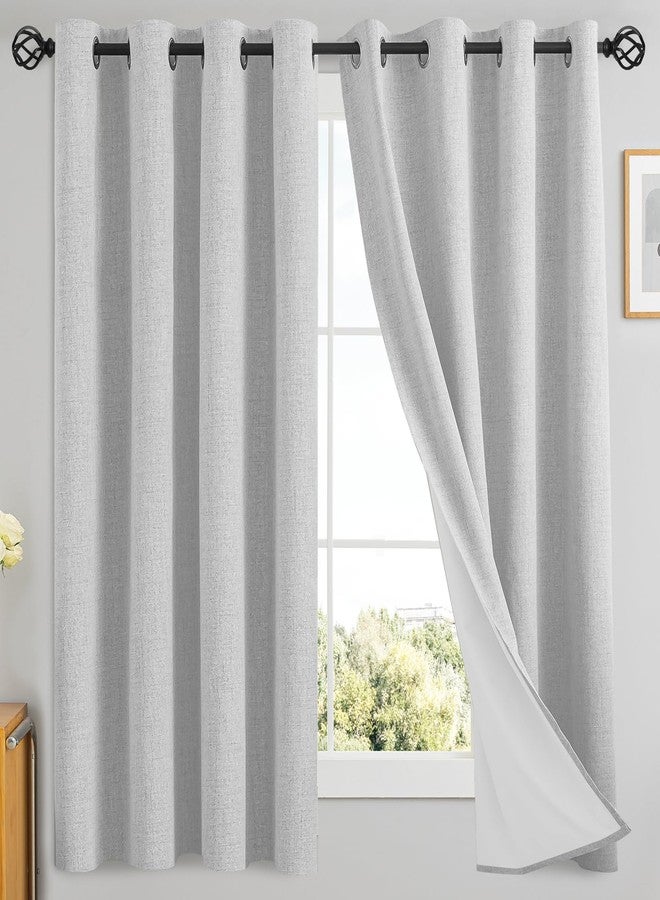 Yakamok White Linen Curtains 100% Blackout 63 Inches Long,Room Darkening Textured Curtains for Living Room Thermal Grommet Bedroom 2 Panels with Greyish White Liner - Image 1