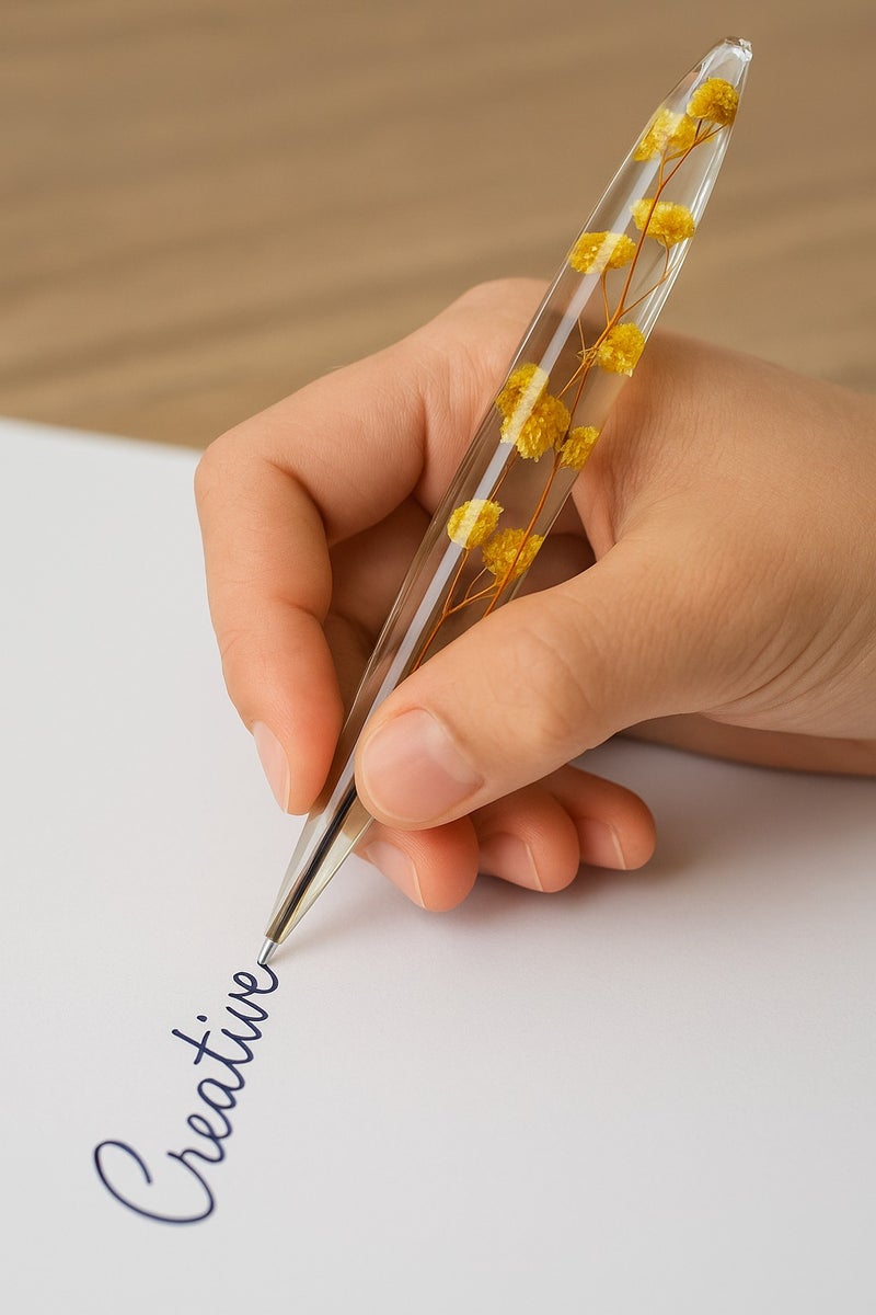 Ready For Chai قلم ريزين مصنوع يدويًا مع زهور مجففة حقيقية - قلم كروي زهور أنيق للتدوين، الهدايا واستخدام المكتب - Image 2