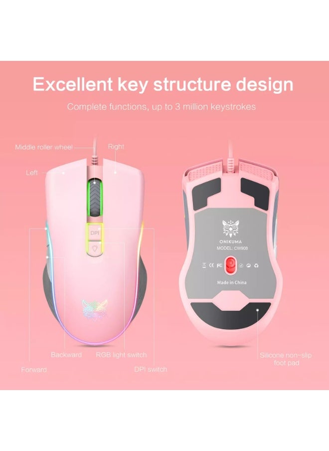 onikuma - ONIKUMA CW908 Wired RGB Gaming Mouse with 7200DPI Resolution, Compatible with Windows and Mac - 1.65m Cable - Pink - Image 1