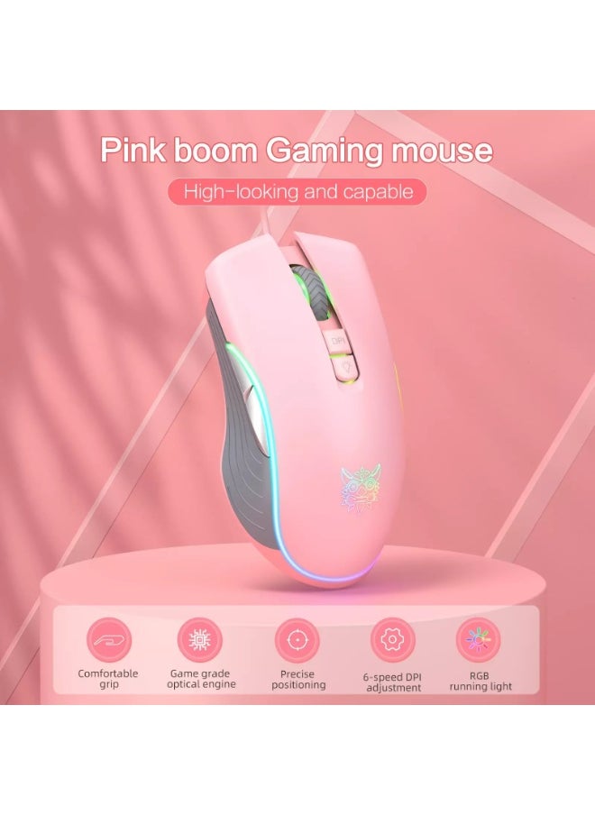 onikuma - ONIKUMA CW908 Wired RGB Gaming Mouse with 7200DPI Resolution, Compatible with Windows and Mac - 1.65m Cable - Pink - Image 1