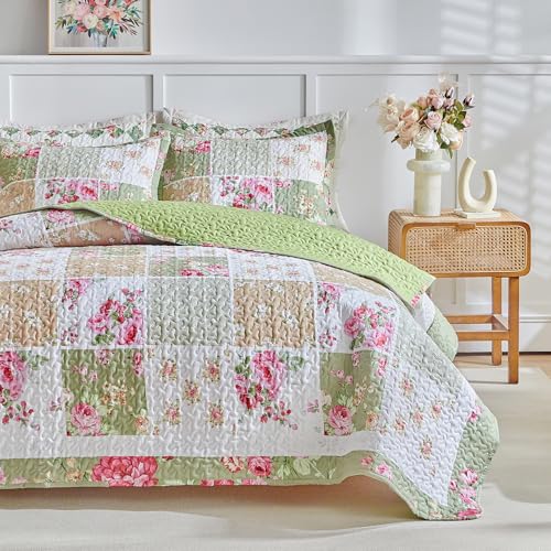 Uozzi Bedding Patchwork Quilt Set King Size3 Pieces Green White Pink Floral Plaid Reversible American Country Bedspread Coverlet Set for All SeasonSummer Soft Colorful Flowers Botanical Microfiber Bedding Set - Image 3