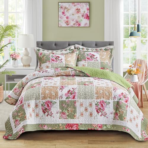 Uozzi Bedding Patchwork Quilt Set King Size3 Pieces Green White Pink Floral Plaid Reversible American Country Bedspread Coverlet Set for All SeasonSummer Soft Colorful Flowers Botanical Microfiber Bedding Set - Image 1