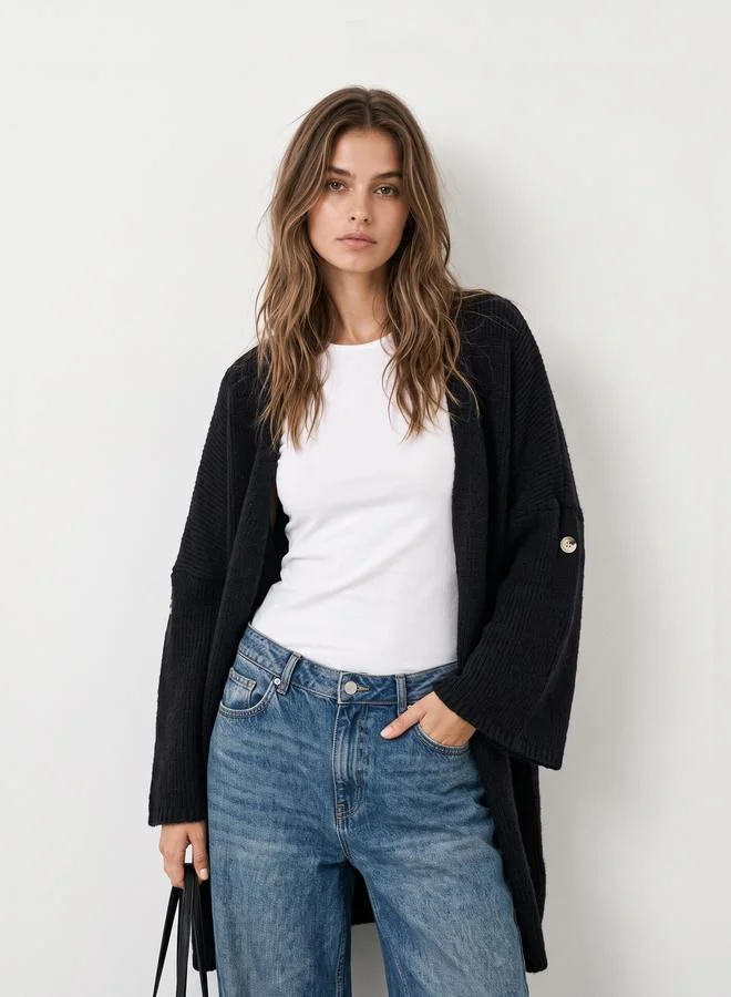Styli Black Brushed Yarn Longline Cardigan