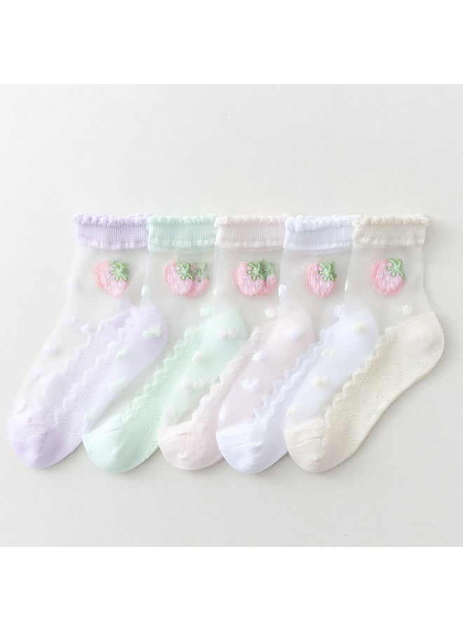Bumblebee 5-pairs Girls' Socks Crystal Mid-calf Student Breathable Nylon Socks Non-stuffy & Non-tight Fit - Image 2
