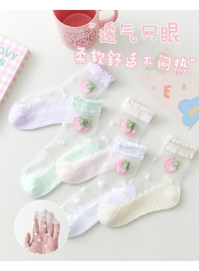 Bumblebee 5-pairs Girls' Socks Crystal Mid-calf Student Breathable Nylon Socks Non-stuffy & Non-tight Fit - Image 1