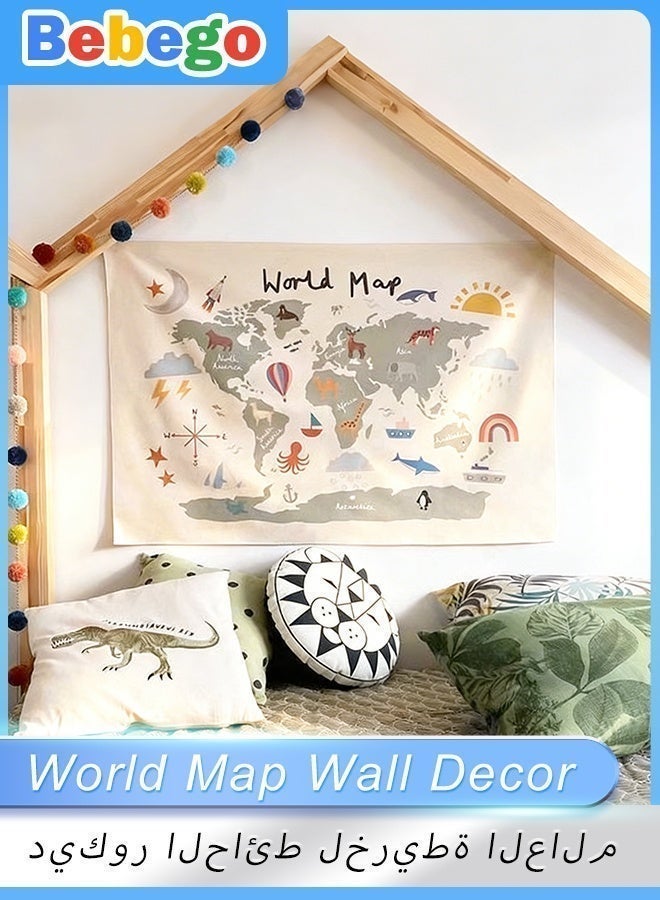 BEBEGO 1pc World Map Tapestry with Cute Cartoon Animals & Educational Elements - Sun, Moon, Rainbow, Plants - Soft Peach Skin Fabric Wall Hanging for Bedroom, Living Room, Dorm Decor (31x23 inches), World Map Wall Decor - Image 1