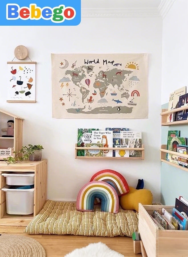 BEBEGO 1pc World Map Tapestry with Cute Cartoon Animals & Educational Elements - Sun, Moon, Rainbow, Plants - Soft Peach Skin Fabric Wall Hanging for Bedroom, Living Room, Dorm Decor (31x23 inches), World Map Wall Decor - Image 4