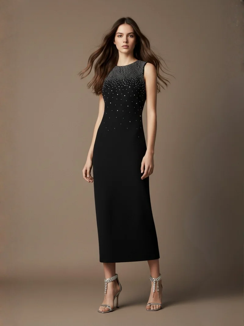 Outzidr  Black High Neck Studded Midi Dress for Women | Best Price UAE