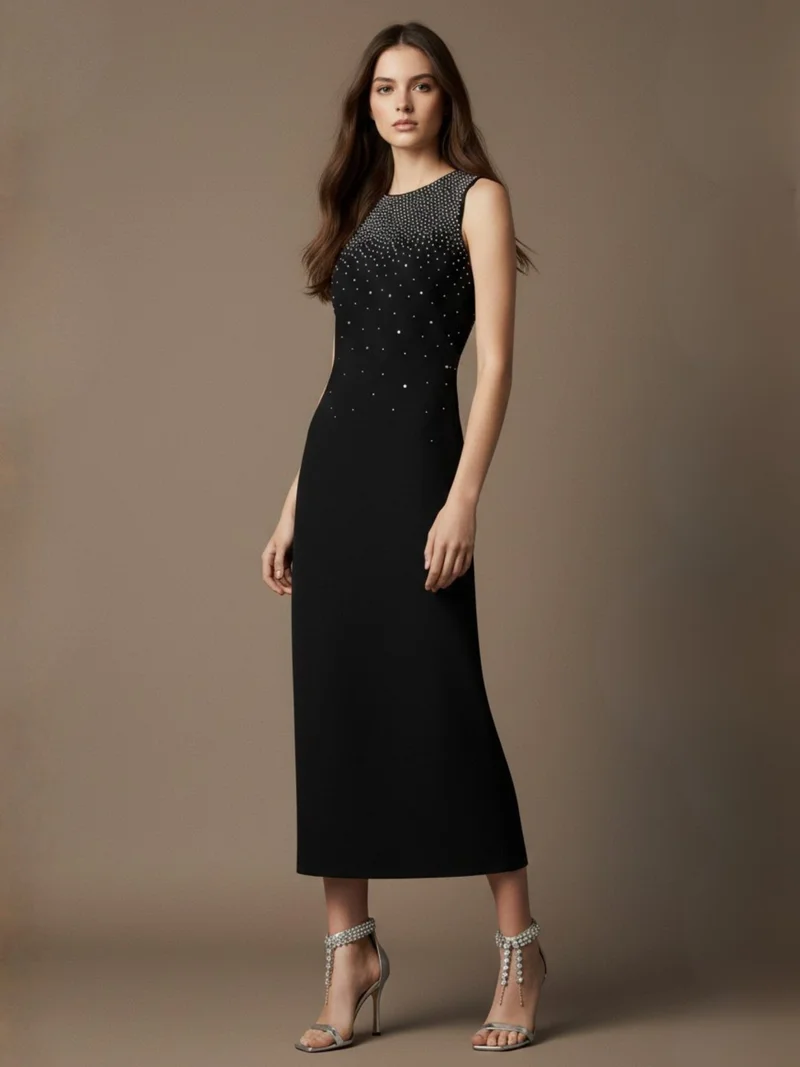 OUTZIDR Black High Neck Studded Midi Dress