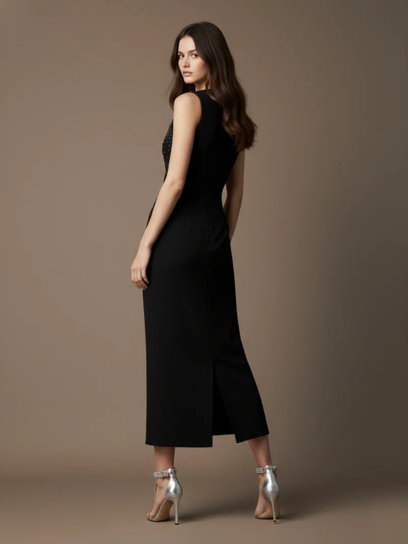 Outzidr  Black High Neck Studded Midi Dress for Women | Best Price UAE