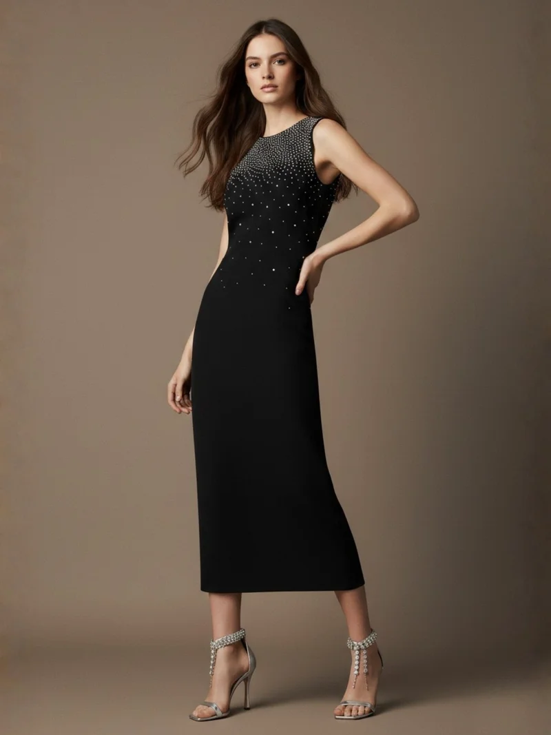 OUTZIDR Black High Neck Studded Midi Dress