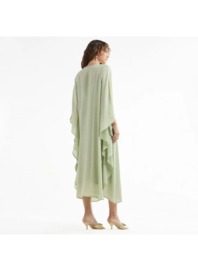 FAV Solid Midi Kaftan Dress with Long Sleeves and Lace Detail