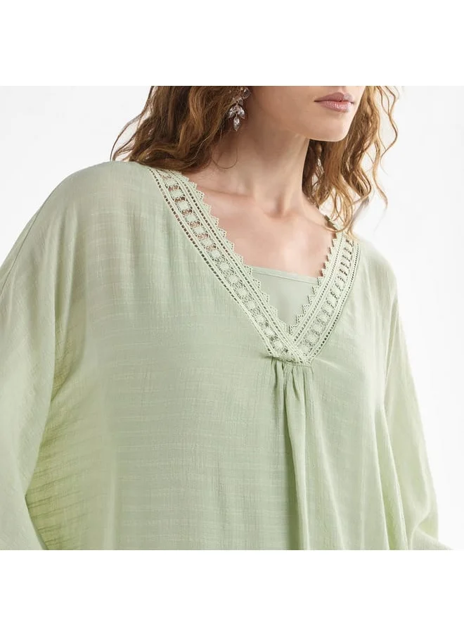 FAV Solid Midi Kaftan Dress with Long Sleeves and Lace Detail