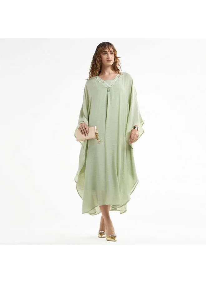 FAV Solid Midi Kaftan Dress with Long Sleeves and Lace Detail