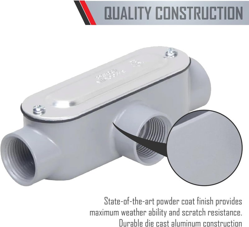 TayMac RLT075 Threaded T Type Conduit Body, Die Cast Aluminum, Stamped Steel Cover, 3/4-Inch, Gray - Image 5