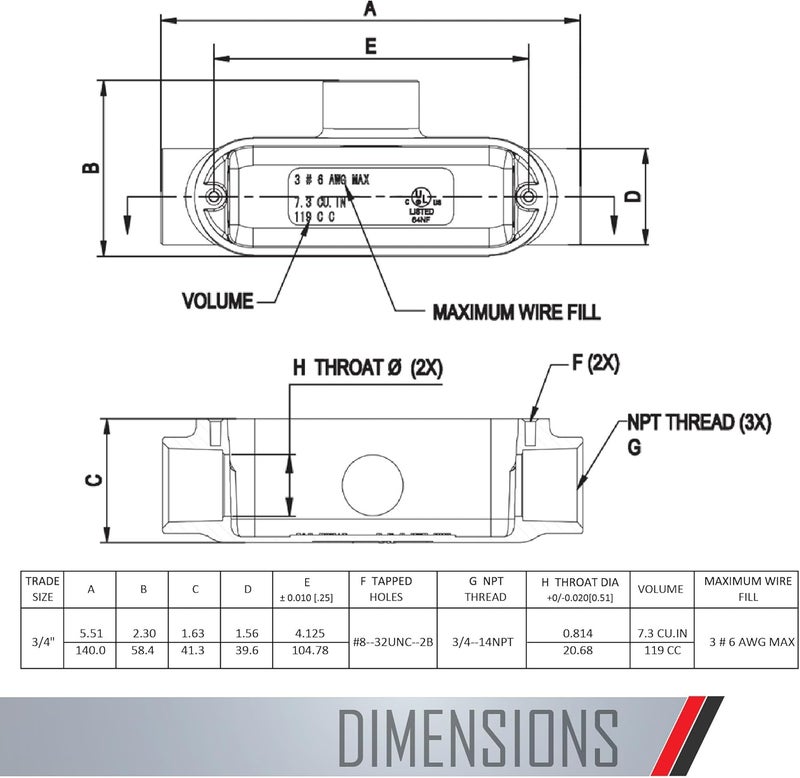 TayMac RLT075 Threaded T Type Conduit Body, Die Cast Aluminum, Stamped Steel Cover, 3/4-Inch, Gray - Image 3