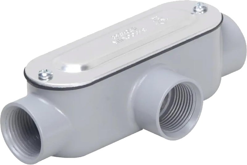 TayMac RLT075 Threaded T Type Conduit Body, Die Cast Aluminum, Stamped Steel Cover, 3/4-Inch, Gray - Image 1