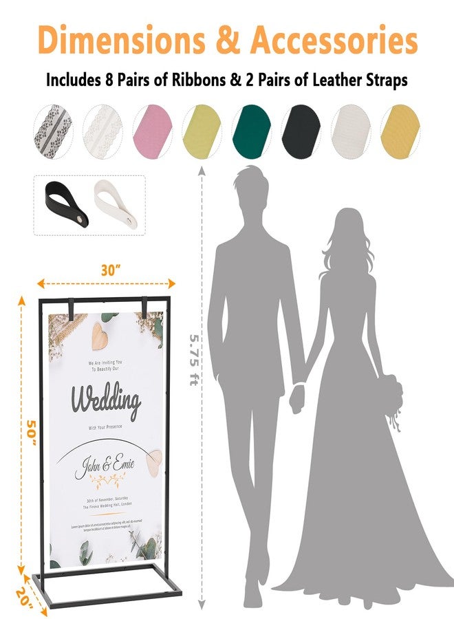 Cathyeen Wedding Welcome Sign Stand, 50”x30”x 20” Heavy Duty Easel Stand for Sign with 8 Pair Satin Ribbon & 2 Leather Strap, Welcome to Our Wedding Sign Holder, Metal Floor Standing Easels for Signs, Poster (Black) - Image 3