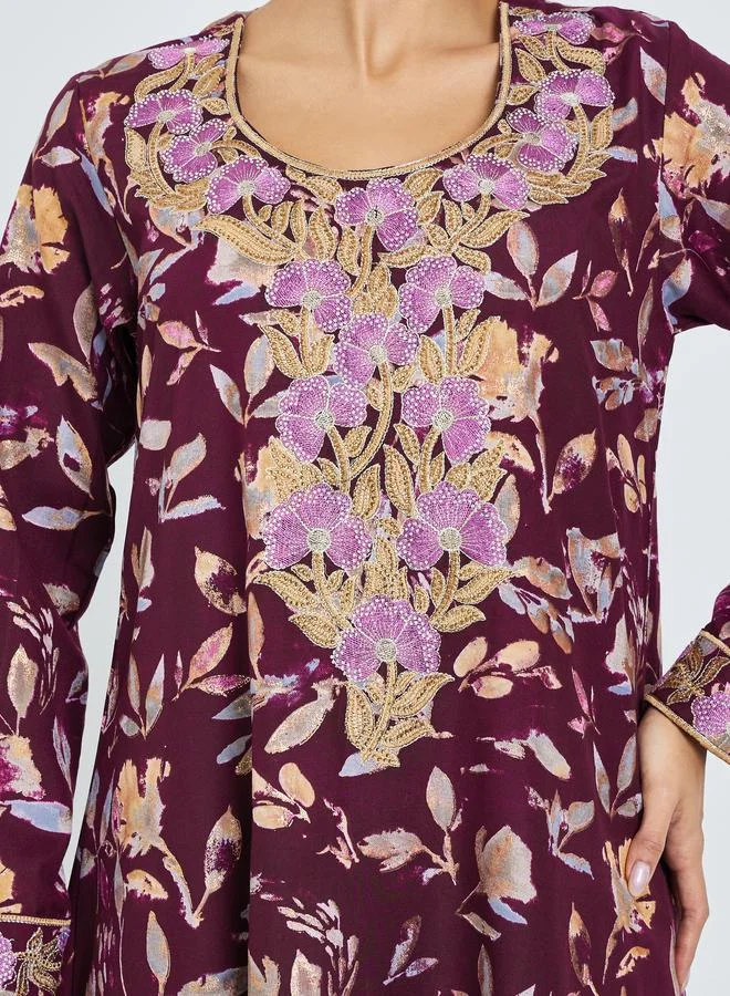 Amirah  Maroon Floral Print Mukhawar Jalabiya for Women | Best Price UAE